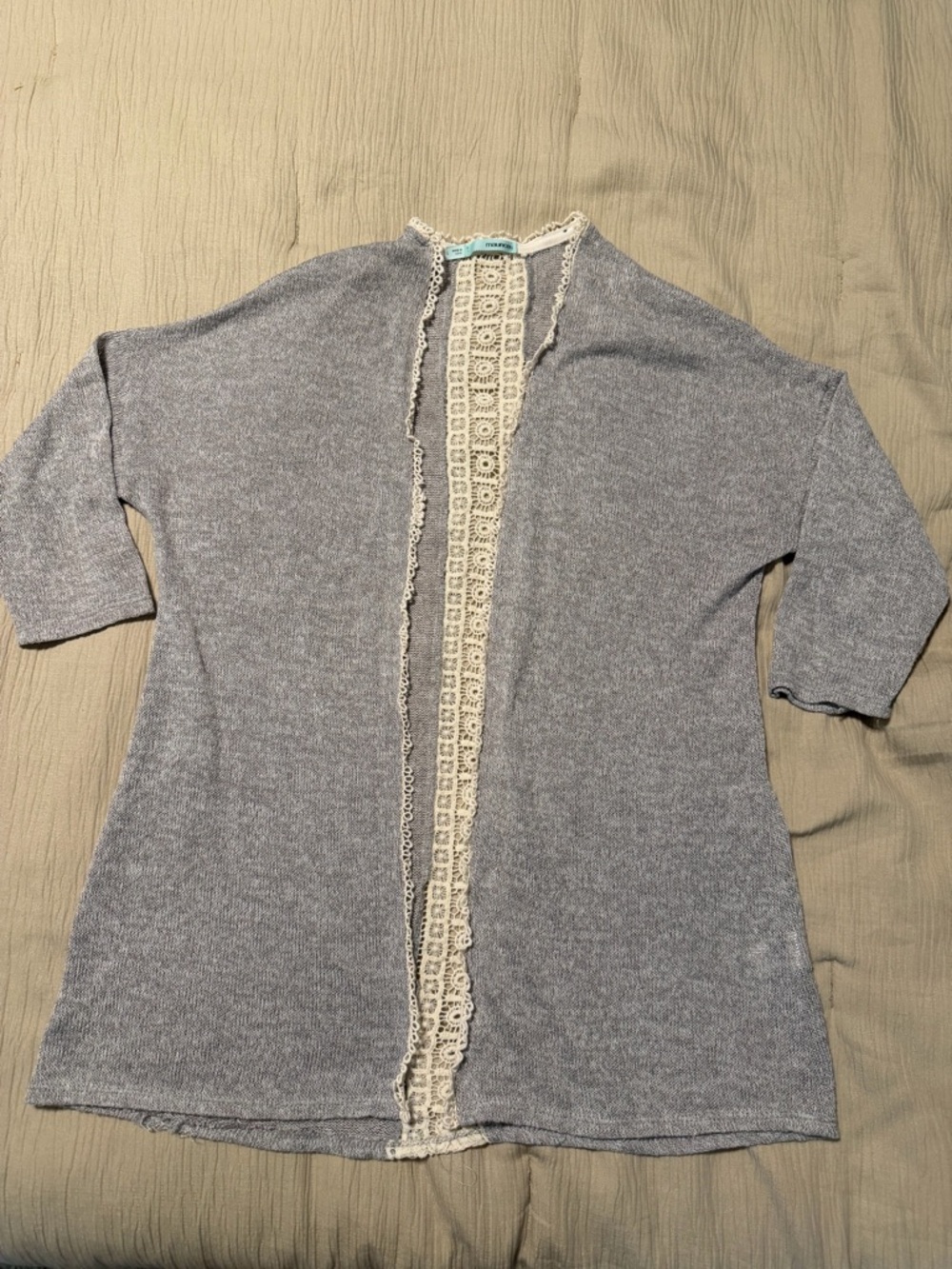 Maurices Heather Gray Open-Front Cardigan with Cream Crochet Trim